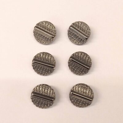 Vintage Glass Buttons - Deco Stripe Peacock- Pewter Metallic - 18mm - Set of Six